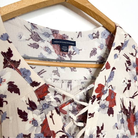 American Eagle Outfitters Boho Floral Print Lace Up Front Cold Shoulder Blouse M - Picture 5 of 6